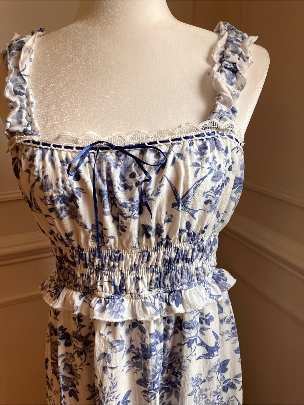 Francesca's Collections White & Blue Floral Ruffle Midi Dress